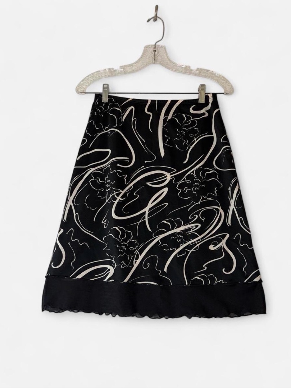 Y2K Step By Step Black White Abstract Floral Lettuce Hem Mesh Skirt M